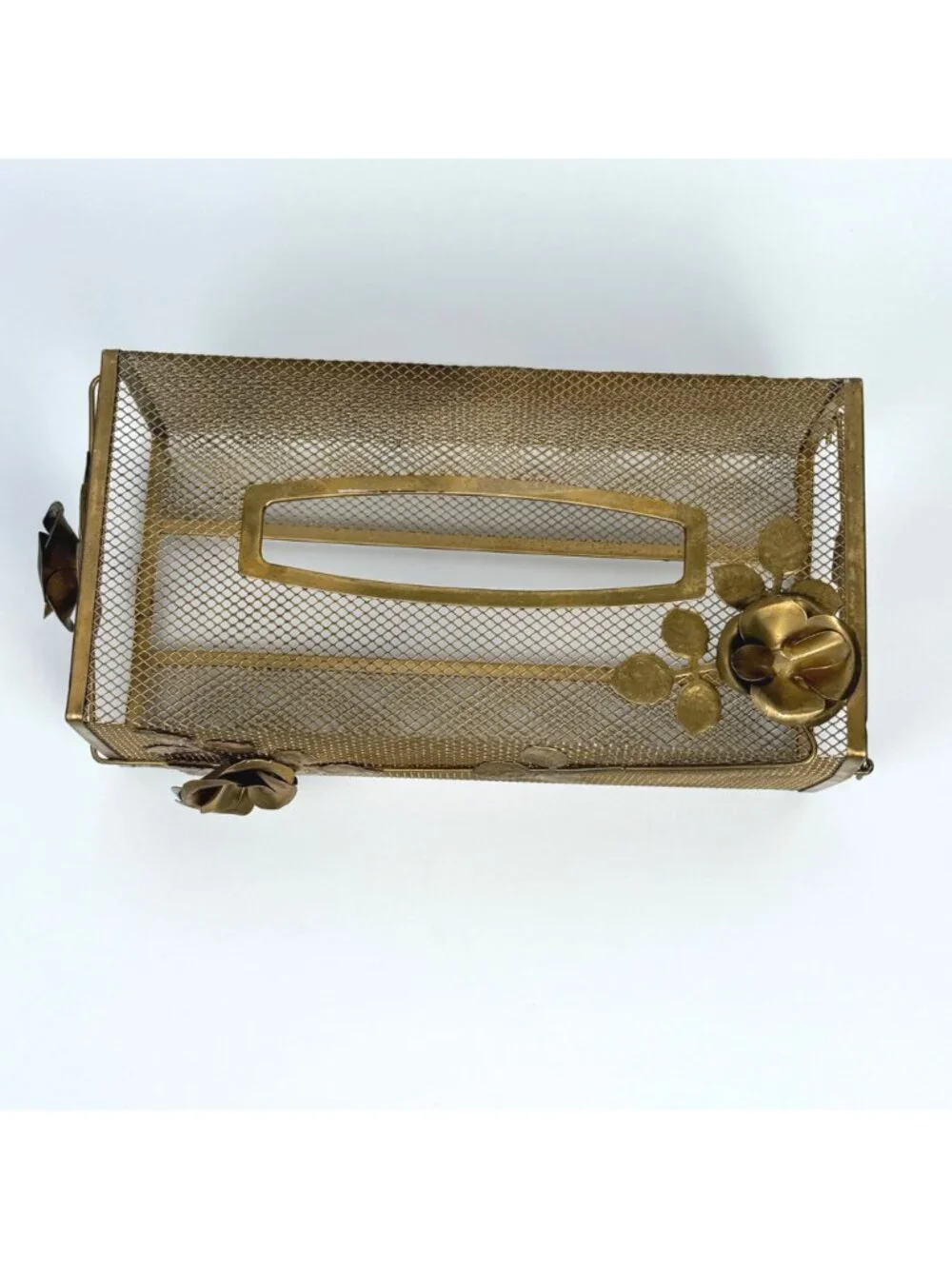 Vintage Hollywood Regency-Style Tissue Box Cover Brass Metal Mesh Floral & Leaf